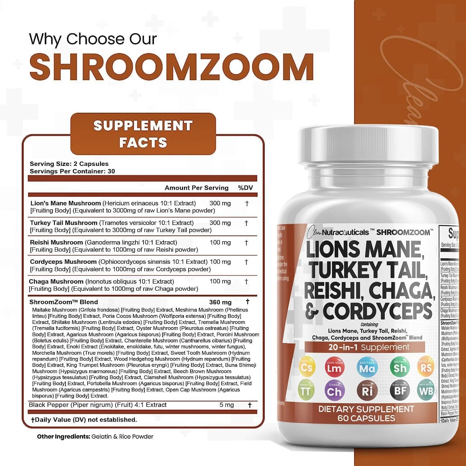 Clean Nutraceuticals Lions Mane 3000mg 20in1 Mushroom Supplement