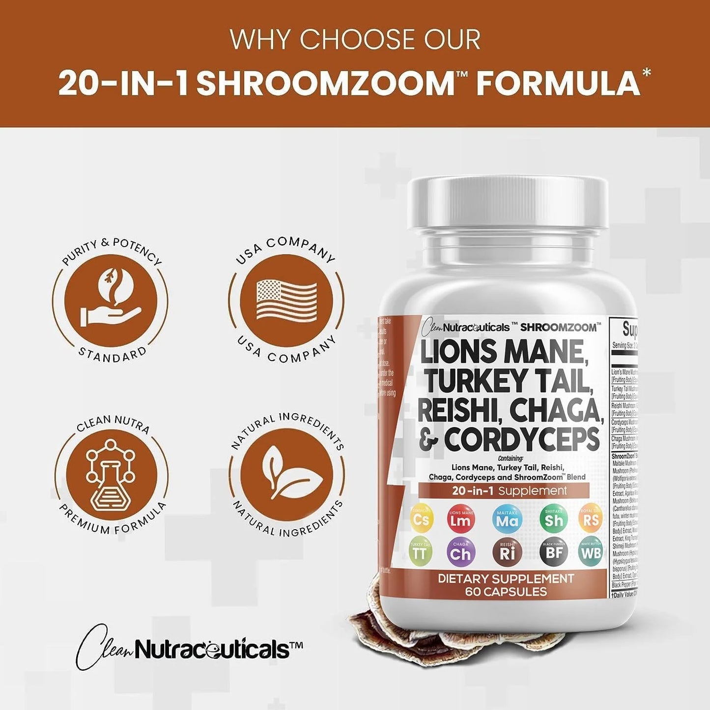 Clean Nutraceuticals Lions Mane 3000mg 20in1 Mushroom Supplement