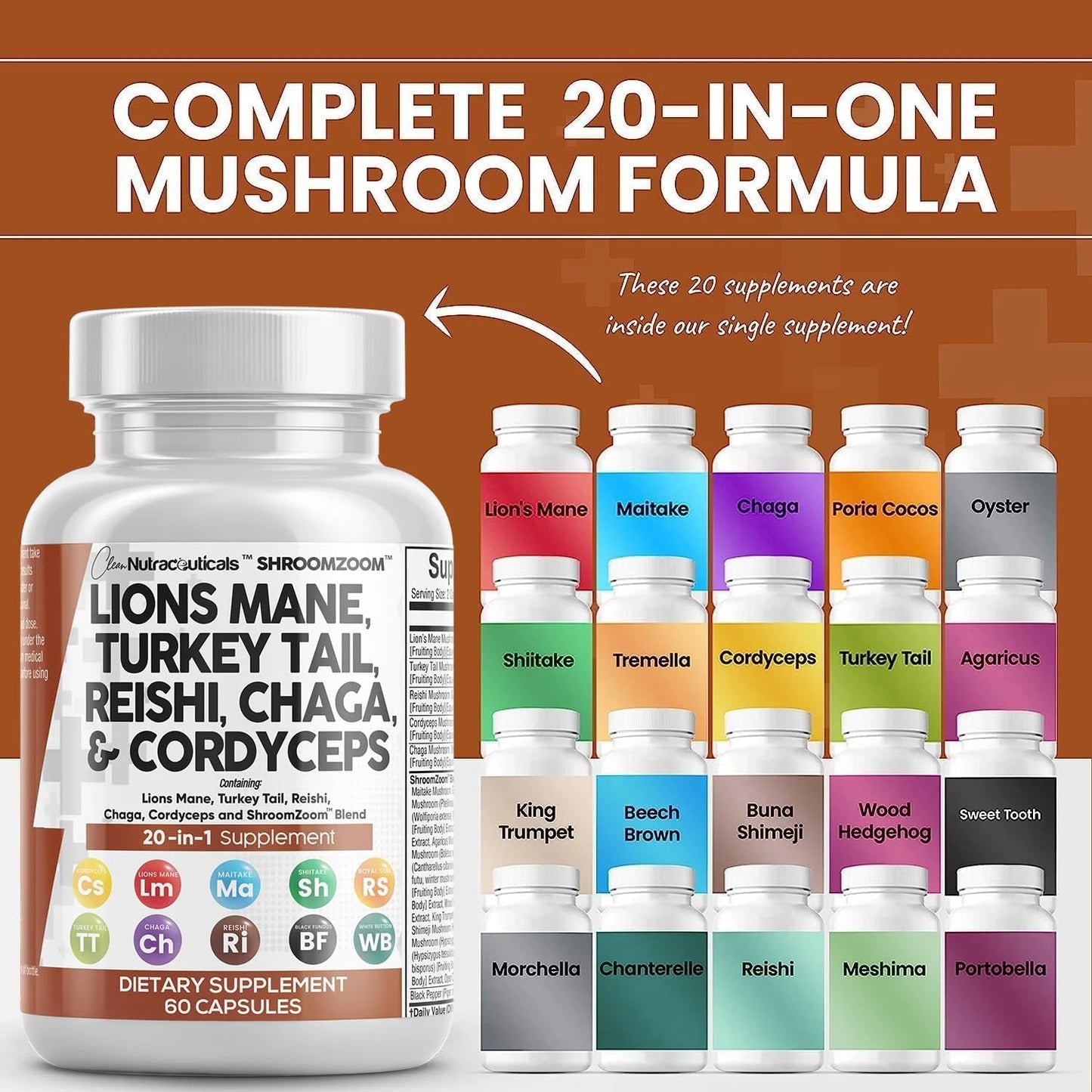 Clean Nutraceuticals Lions Mane 3000mg 20in1 Mushroom Supplement